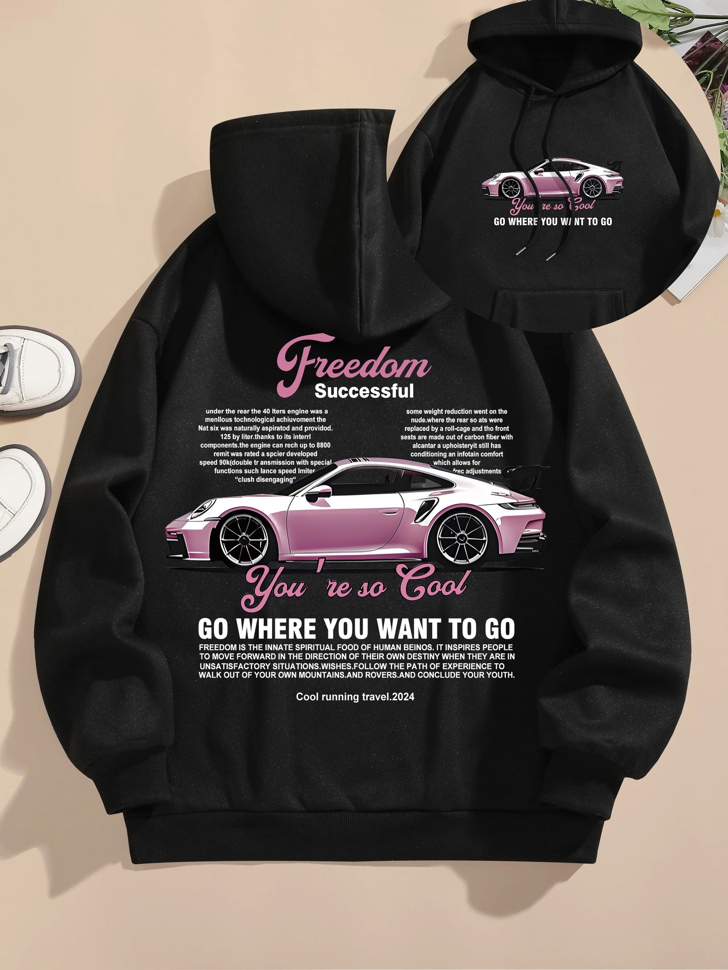 Men's Casual Polyester Hoodie with Car Print, 100% Knit Fabric, Drawstring Hooded Sweatshirt, All-Season Freedom Graphic Pullover