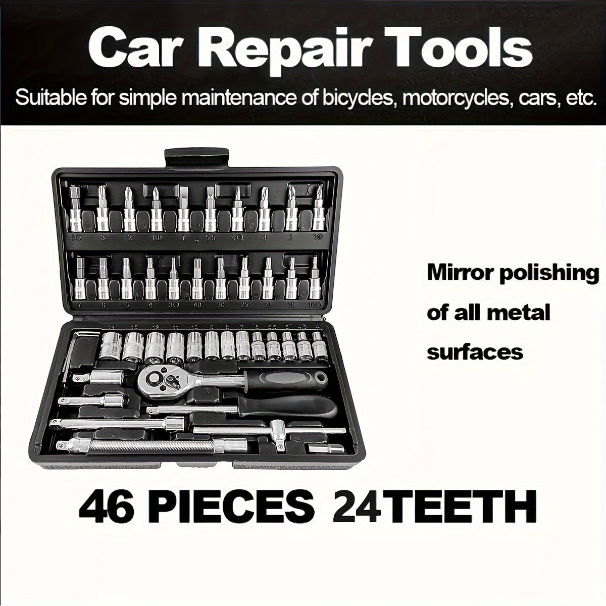 46 Pieces 1/4 Inch Socket Set with Ratchet, Metric, and Extension Bars - Chrome Vanadium Steel, Suitable for Car Repair and Home Use - Includes Storage Case
