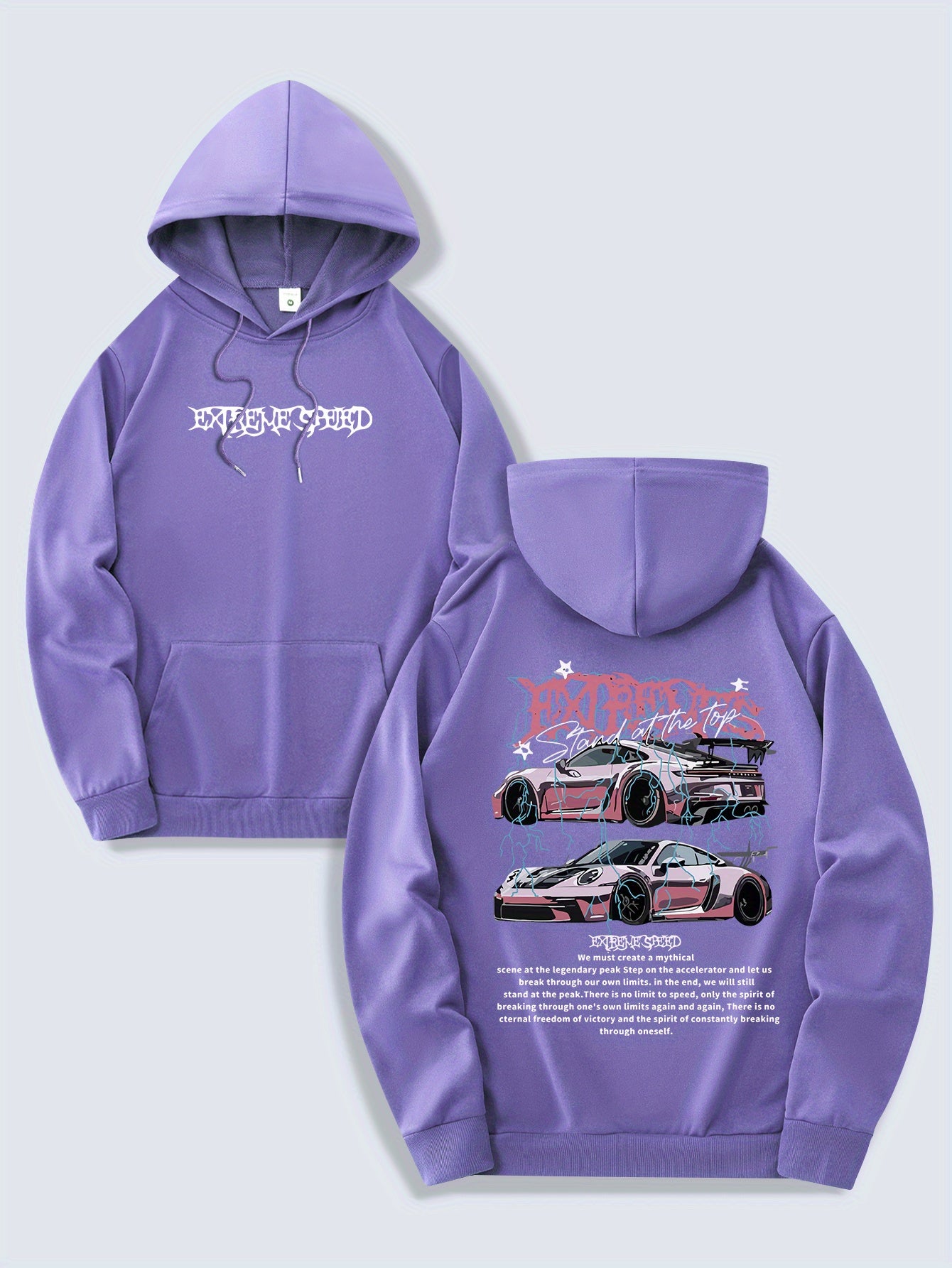 Men's Fashion Hoodie, Spring/Autumn Thin Pullover, Casual Drawstring Hooded Sweatshirt with Kangaroo Pocket, Letter Car Print, Polyester Knit Fabric, Regular Fit, All Seasons, Men's Streetwear