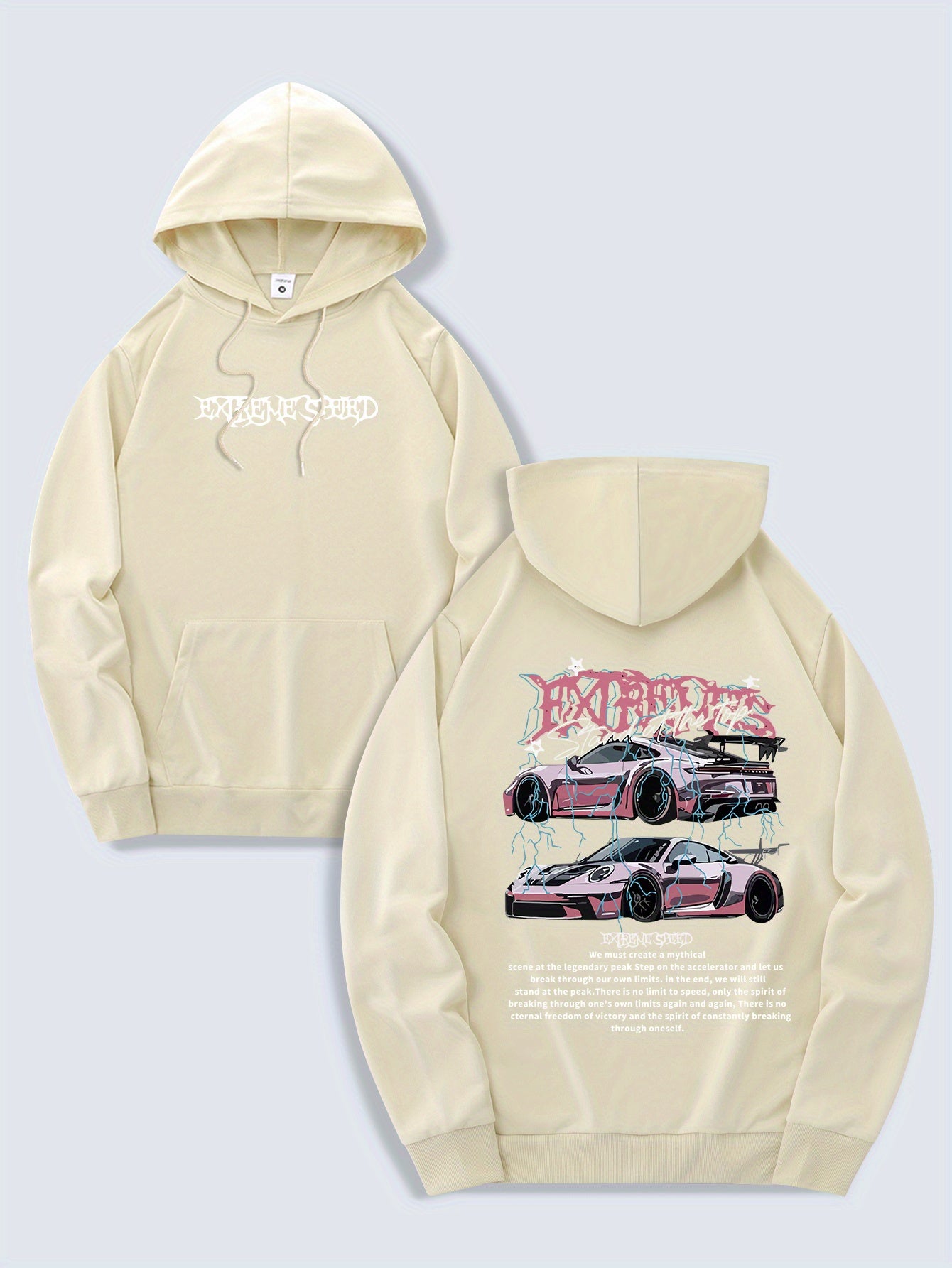 Men's Fashion Hoodie, Spring/Autumn Thin Pullover, Casual Drawstring Hooded Sweatshirt with Kangaroo Pocket, Letter Car Print, Polyester Knit Fabric, Regular Fit, All Seasons, Men's Streetwear