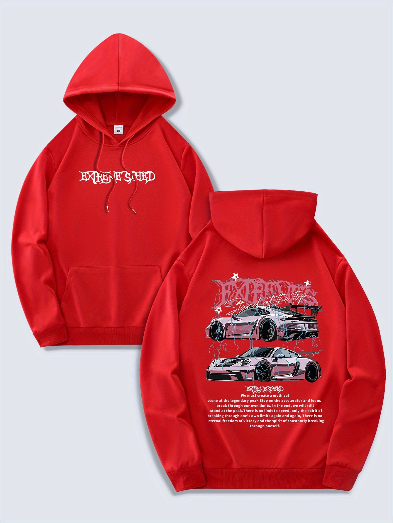 Men's Fashion Hoodie, Spring/Autumn Thin Pullover, Casual Drawstring Hooded Sweatshirt with Kangaroo Pocket, Letter Car Print, Polyester Knit Fabric, Regular Fit, All Seasons, Men's Streetwear