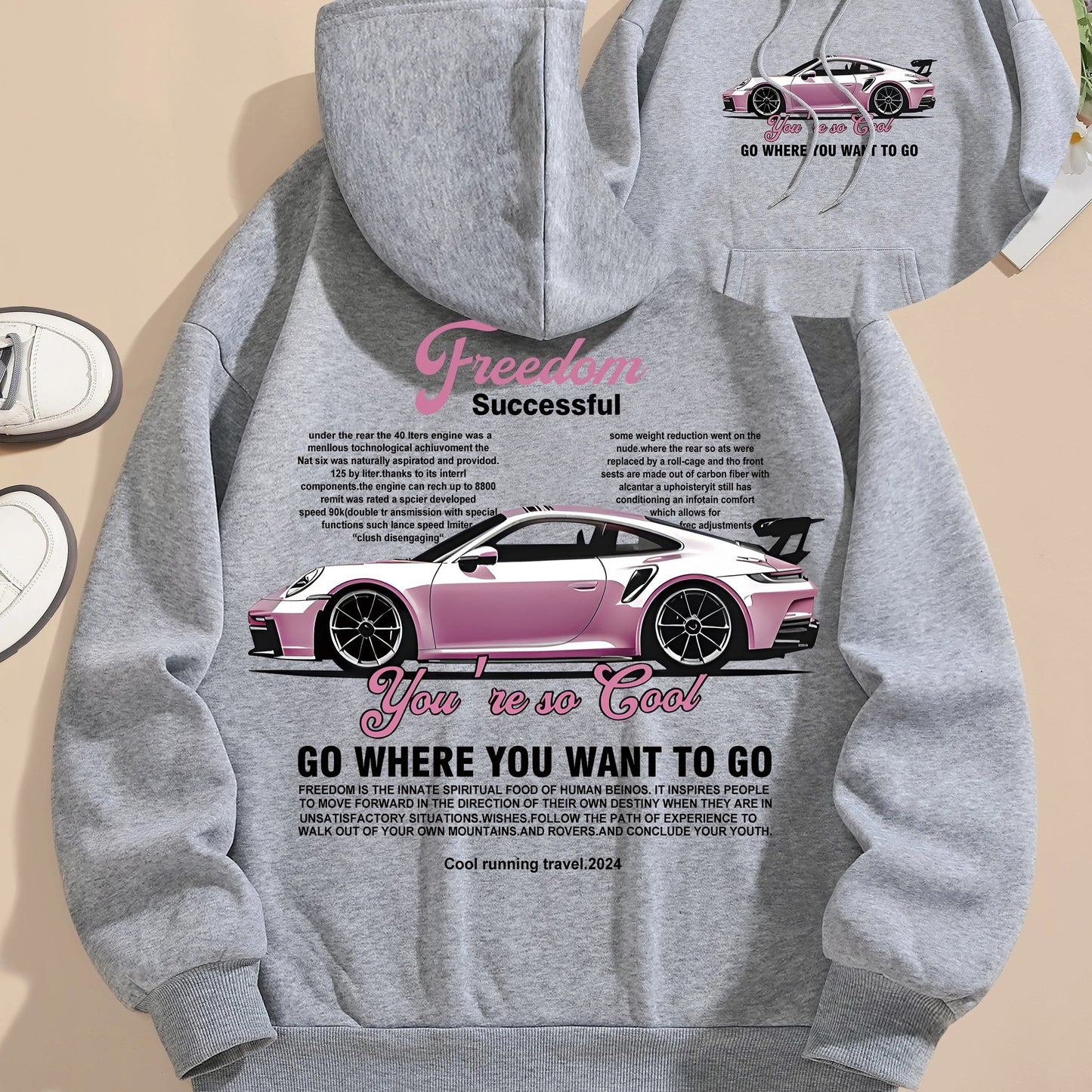 Men's Casual Polyester Hoodie with Car Print, 100% Knit Fabric, Drawstring Hooded Sweatshirt, All-Season Freedom Graphic Pullover
