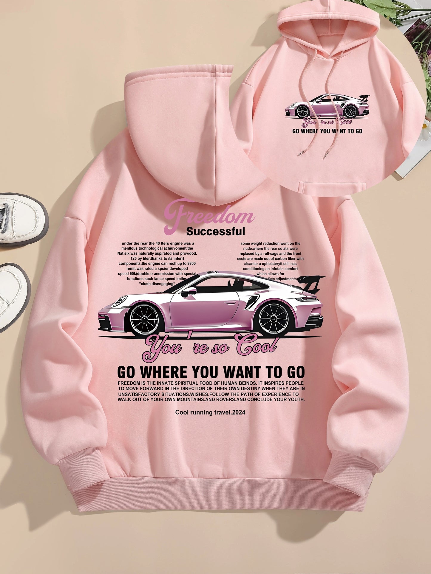 Men's Casual Polyester Hoodie with Car Print, 100% Knit Fabric, Drawstring Hooded Sweatshirt, All-Season Freedom Graphic Pullover