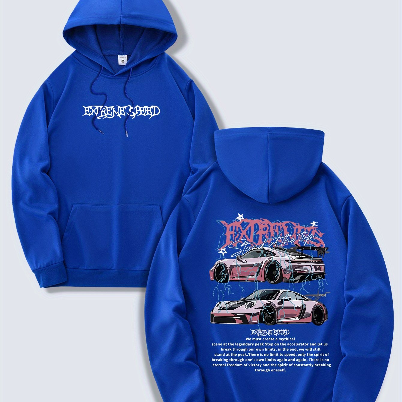 Men's Fashion Hoodie, Spring/Autumn Thin Pullover, Casual Drawstring Hooded Sweatshirt with Kangaroo Pocket, Letter Car Print, Polyester Knit Fabric, Regular Fit, All Seasons, Men's Streetwear