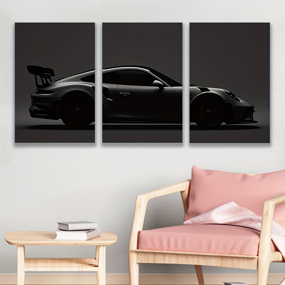 3pcs Frameless Canvas Wall Art - Black Sports Car Dark Monochromatic Triptych, High-Quality Spray Paint Vertical Wall Decor for Living Room, Office, Bar - Modern Automotive Art Gift for Car Enthusiasts, Birthday, Holiday, Par