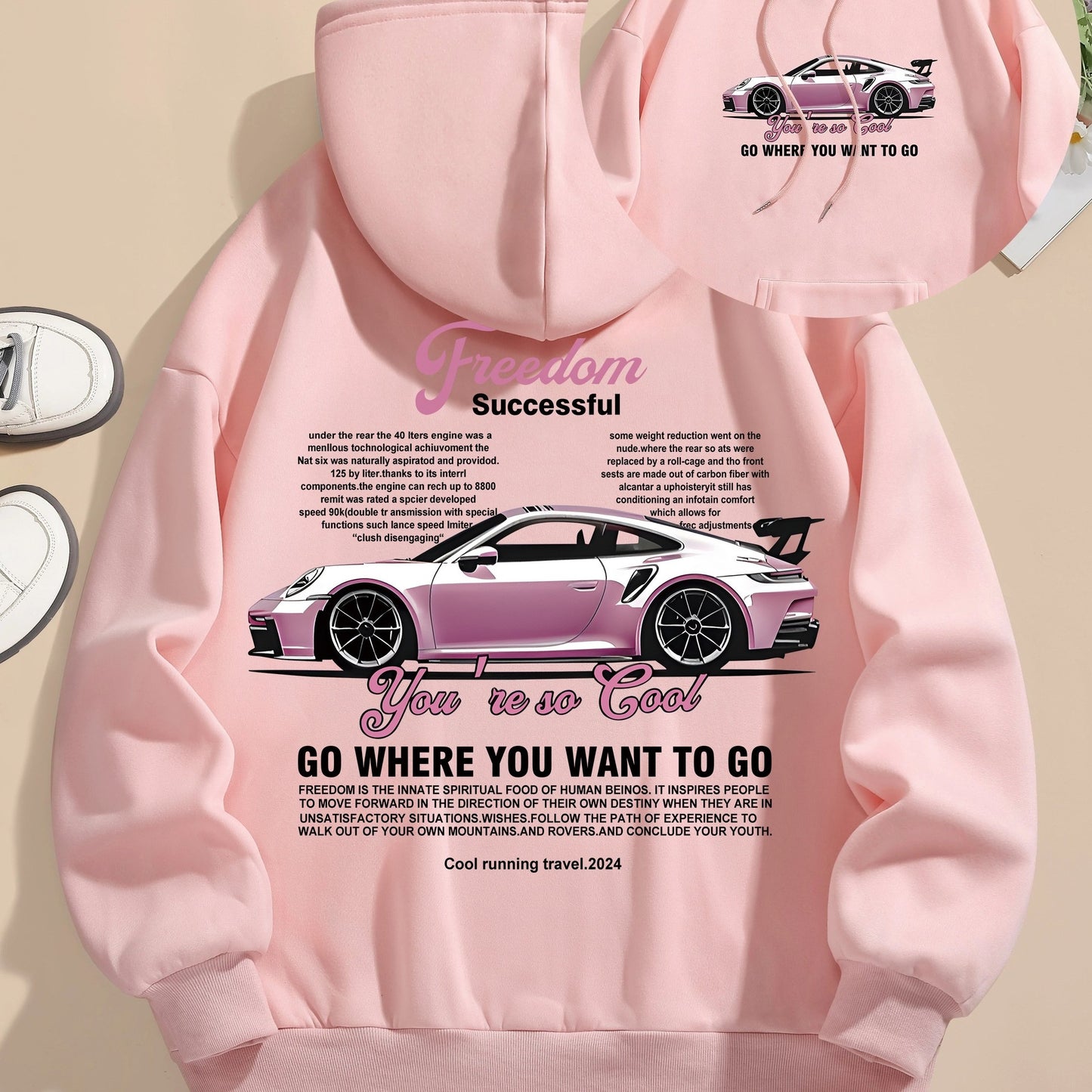 Men's Casual Polyester Hoodie with Car Print, 100% Knit Fabric, Drawstring Hooded Sweatshirt, All-Season Freedom Graphic Pullover
