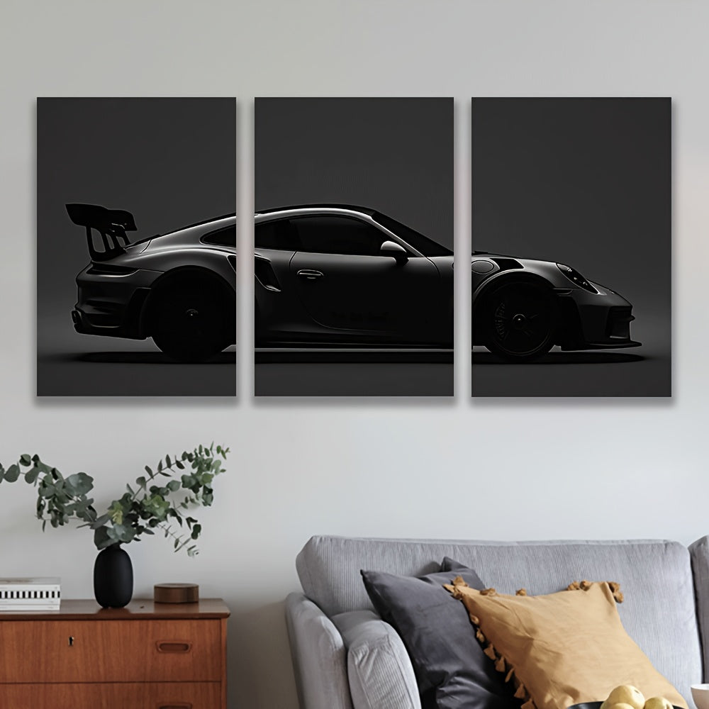 3-delige Frameless Canvas Wanddecoratie – Sportwagen Monochrome