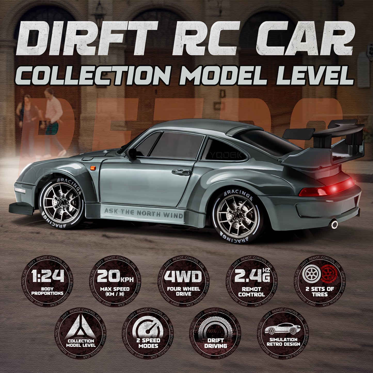 1:24 Scale Drift Car Remote Control Toy, 2.4GHz 4WD with Flashing Lights, Tires & Roadblock Tools, USB Rechargeable Lithium Battery, Push Button Control, Ideal Gift for Boys & Girls - Birthday, Halloween, Christmas