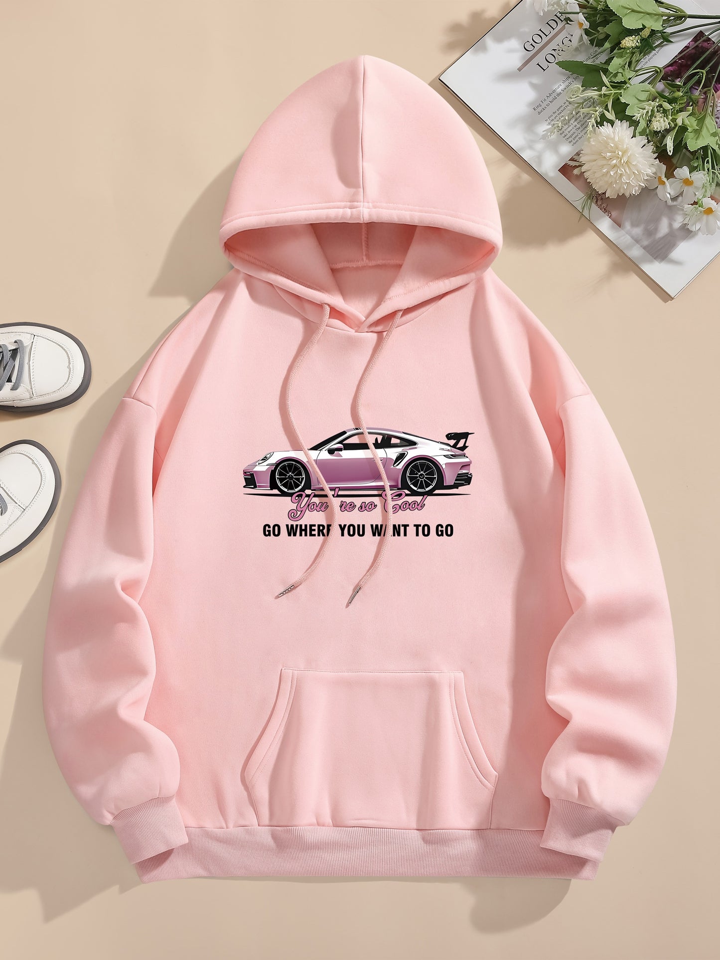 Men's Casual Polyester Hoodie with Car Print, 100% Knit Fabric, Drawstring Hooded Sweatshirt, All-Season Freedom Graphic Pullover