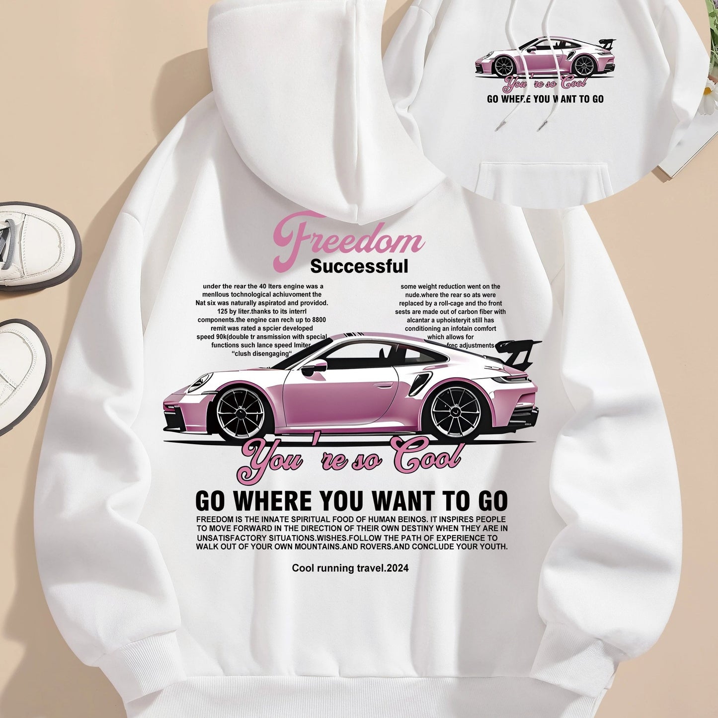 Men's Casual Polyester Hoodie with Car Print, 100% Knit Fabric, Drawstring Hooded Sweatshirt, All-Season Freedom Graphic Pullover