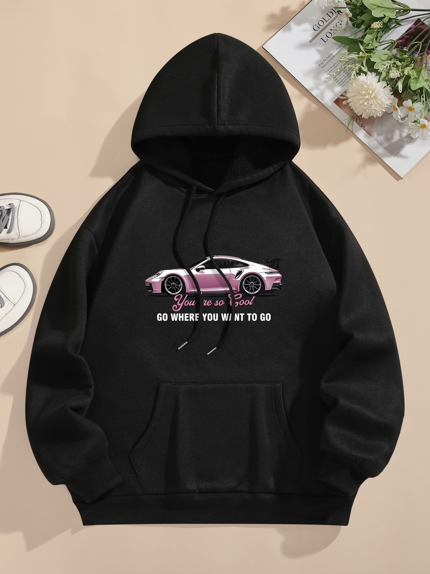 Men's Casual Polyester Hoodie with Car Print, 100% Knit Fabric, Drawstring Hooded Sweatshirt, All-Season Freedom Graphic Pullover
