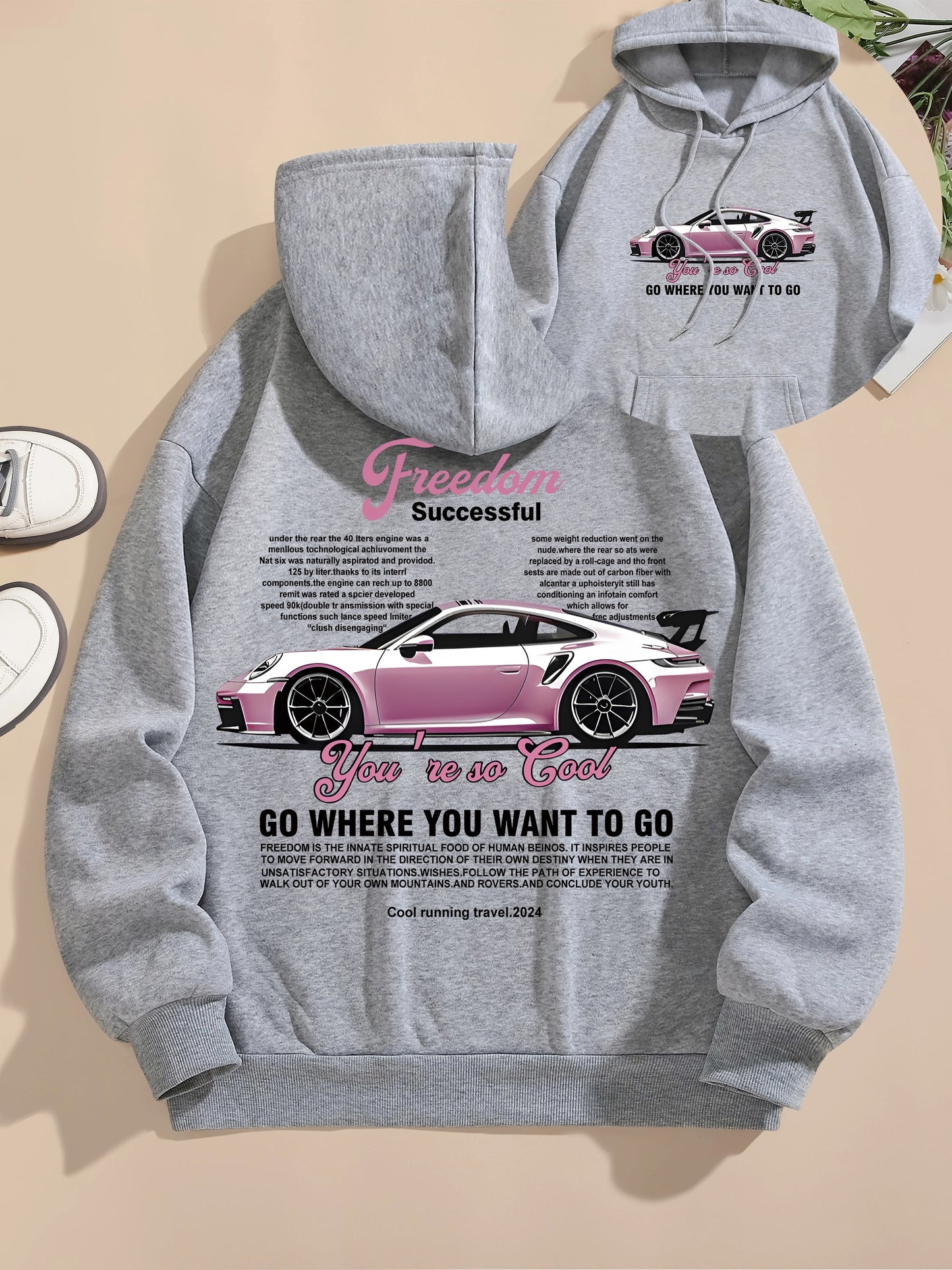 Men's Casual Polyester Hoodie with Car Print, 100% Knit Fabric, Drawstring Hooded Sweatshirt, All-Season Freedom Graphic Pullover