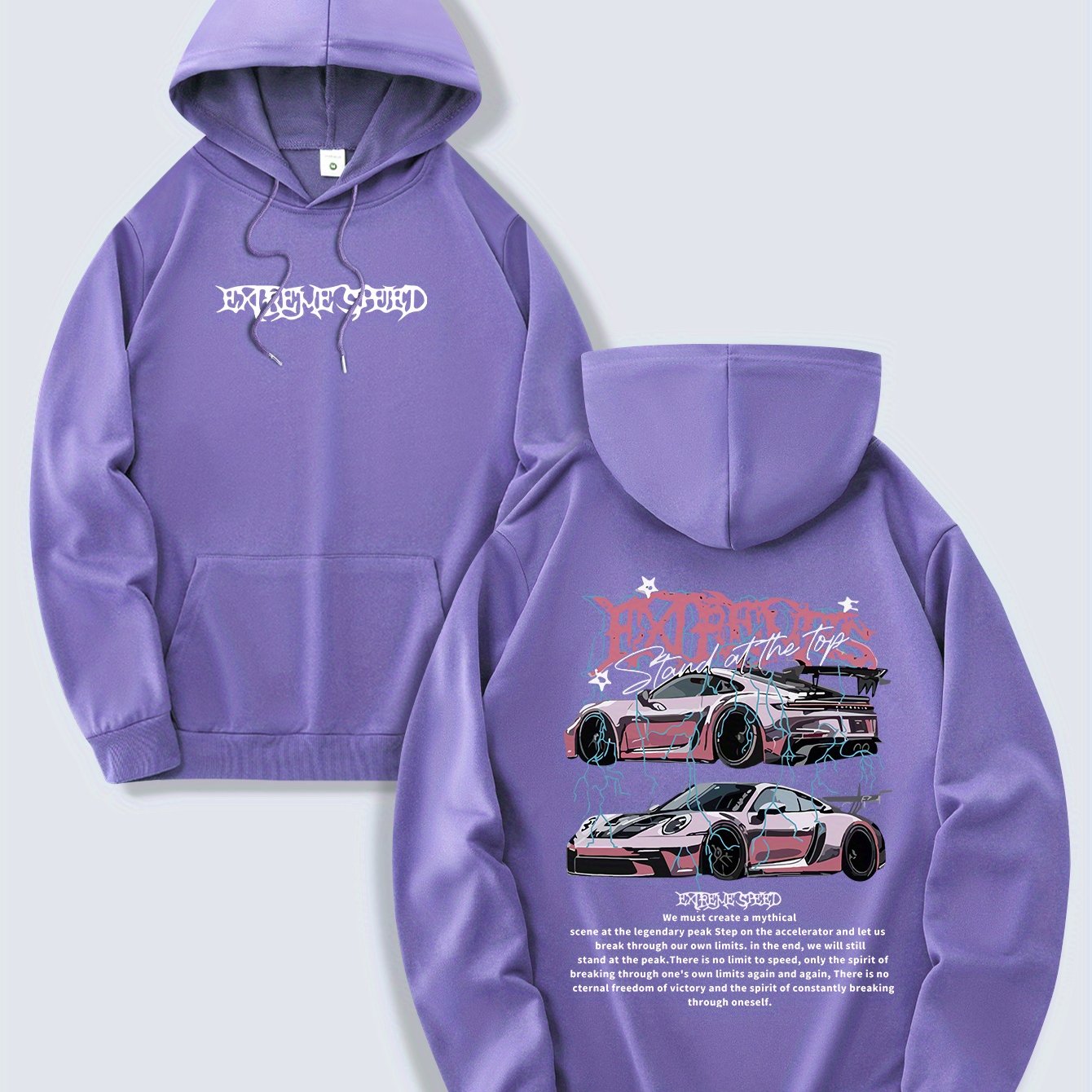 Men's Fashion Hoodie, Spring/Autumn Thin Pullover, Casual Drawstring Hooded Sweatshirt with Kangaroo Pocket, Letter Car Print, Polyester Knit Fabric, Regular Fit, All Seasons, Men's Streetwear