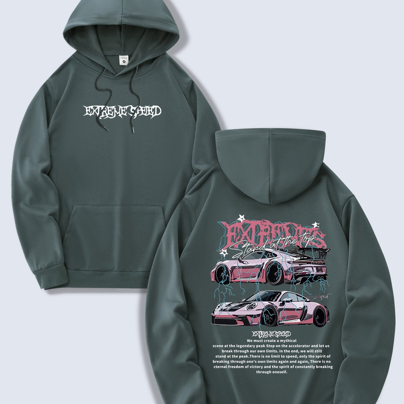 Men's Fashion Hoodie, Spring/Autumn Thin Pullover, Casual Drawstring Hooded Sweatshirt with Kangaroo Pocket, Letter Car Print, Polyester Knit Fabric, Regular Fit, All Seasons, Men's Streetwear