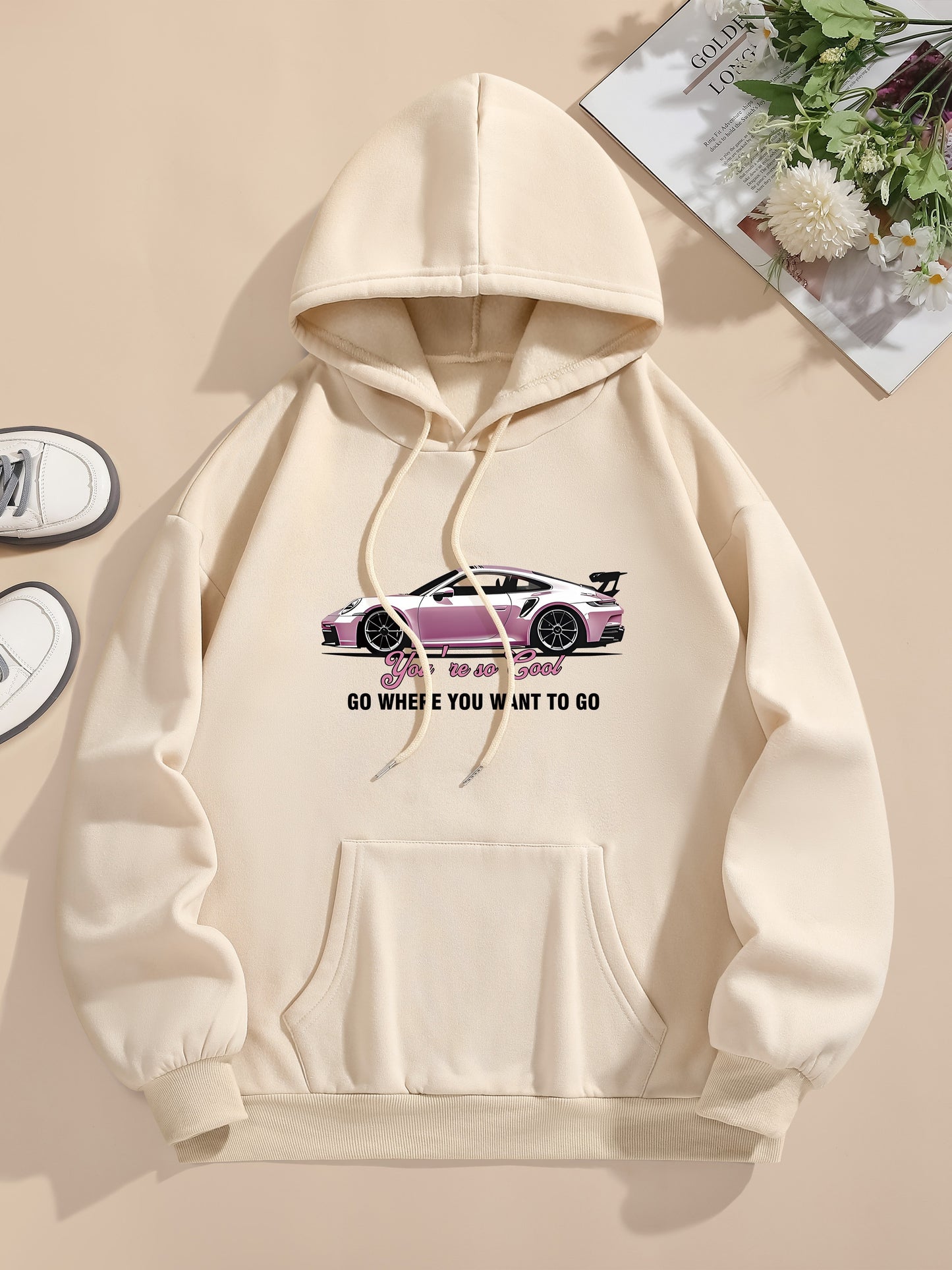 Men's Casual Polyester Hoodie with Car Print, 100% Knit Fabric, Drawstring Hooded Sweatshirt, All-Season Freedom Graphic Pullover