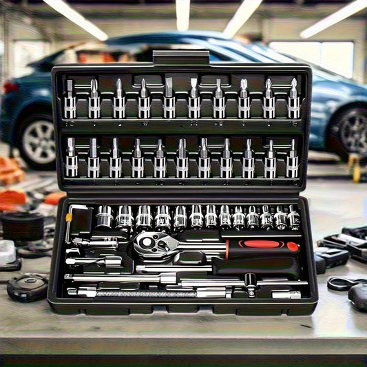 black multi-purpose car repair toolbox, motorcycle repair tool suit with plastic storage box, with Allen wrench, drive depth and standard ratchet socket, unconnecting rod, rotating rod, sliding rod, suitable for DIY enthusias