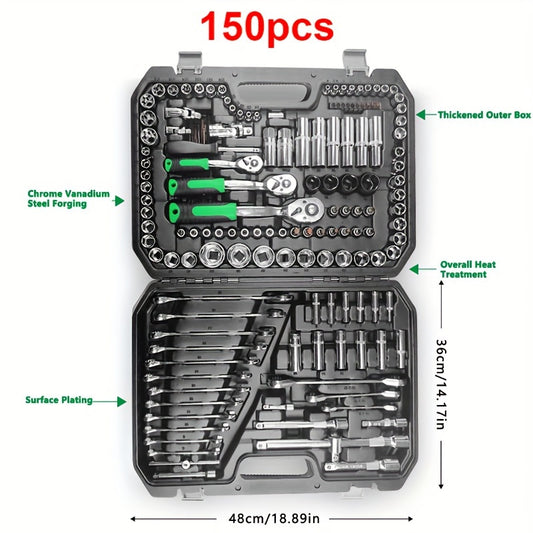 46 Pieces 1/4 Inch Socket Set with Ratchet, Metric, and Extension Bars - Chrome Vanadium Steel, Suitable for Car Repair and Home Use - Includes Storage Case