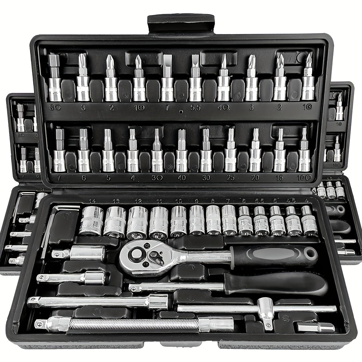 46 Pieces 1/4 Inch Socket Set with Ratchet, Metric, and Extension Bars - Chrome Vanadium Steel, Suitable for Car Repair and Home Use - Includes Storage Case