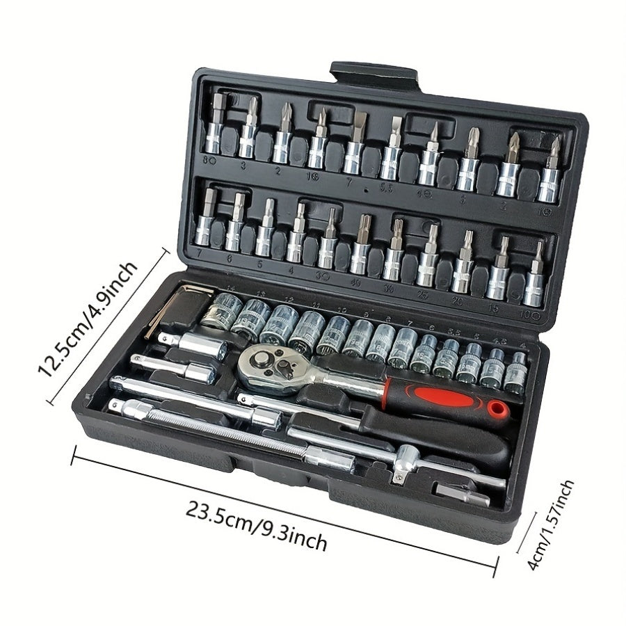 46 Pieces 1/4 Inch Socket Set with Ratchet, Metric, and Extension Bars - Chrome Vanadium Steel, Suitable for Car Repair and Home Use - Includes Storage Case