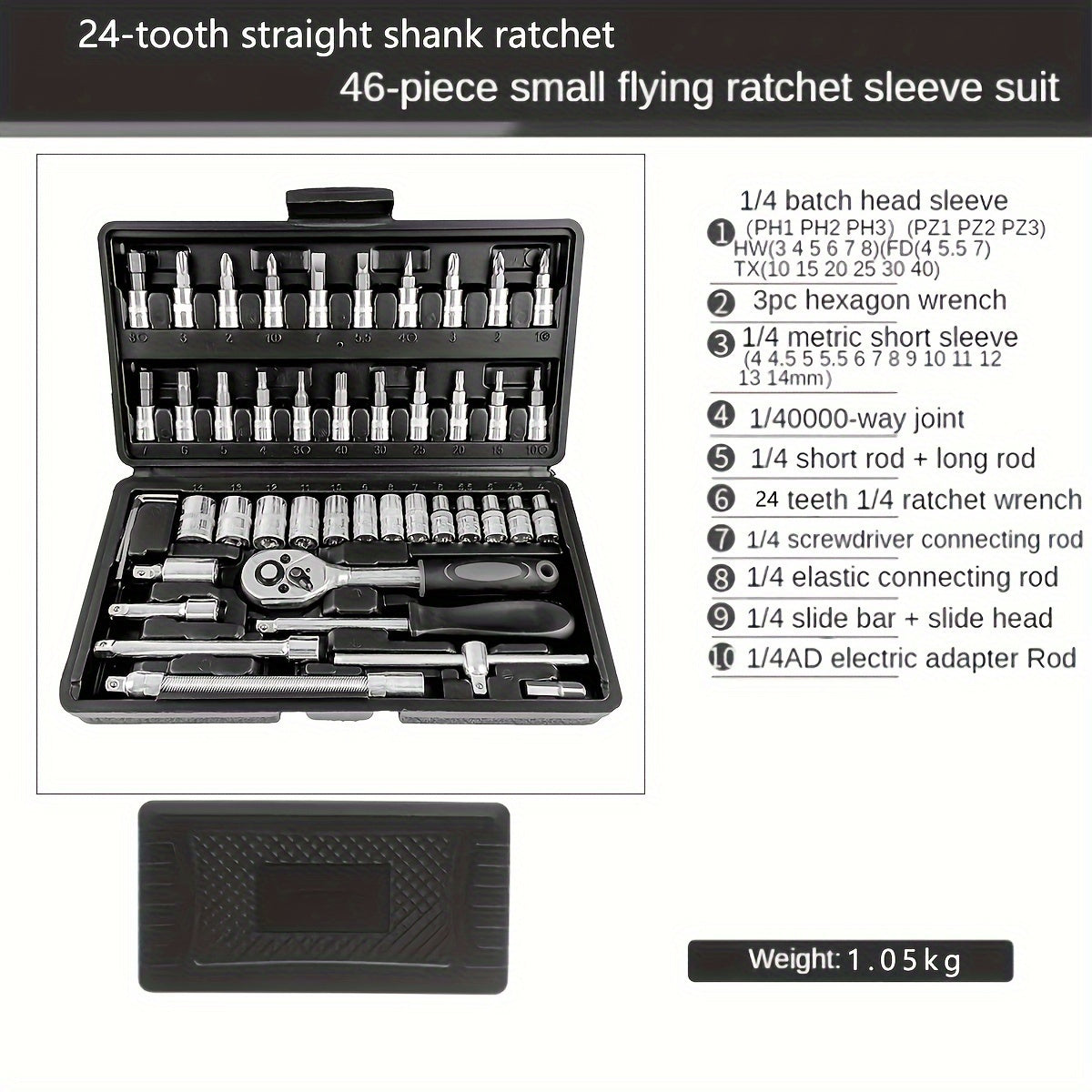 46 Pieces 1/4 Inch Socket Set with Ratchet, Metric, and Extension Bars - Chrome Vanadium Steel, Suitable for Car Repair and Home Use - Includes Storage Case