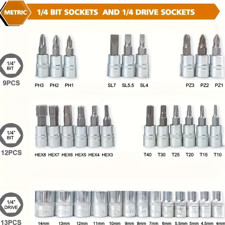 46 Pieces 1/4 Inch Socket Set with Ratchet, Metric, and Extension Bars - Chrome Vanadium Steel, Suitable for Car Repair and Home Use - Includes Storage Case