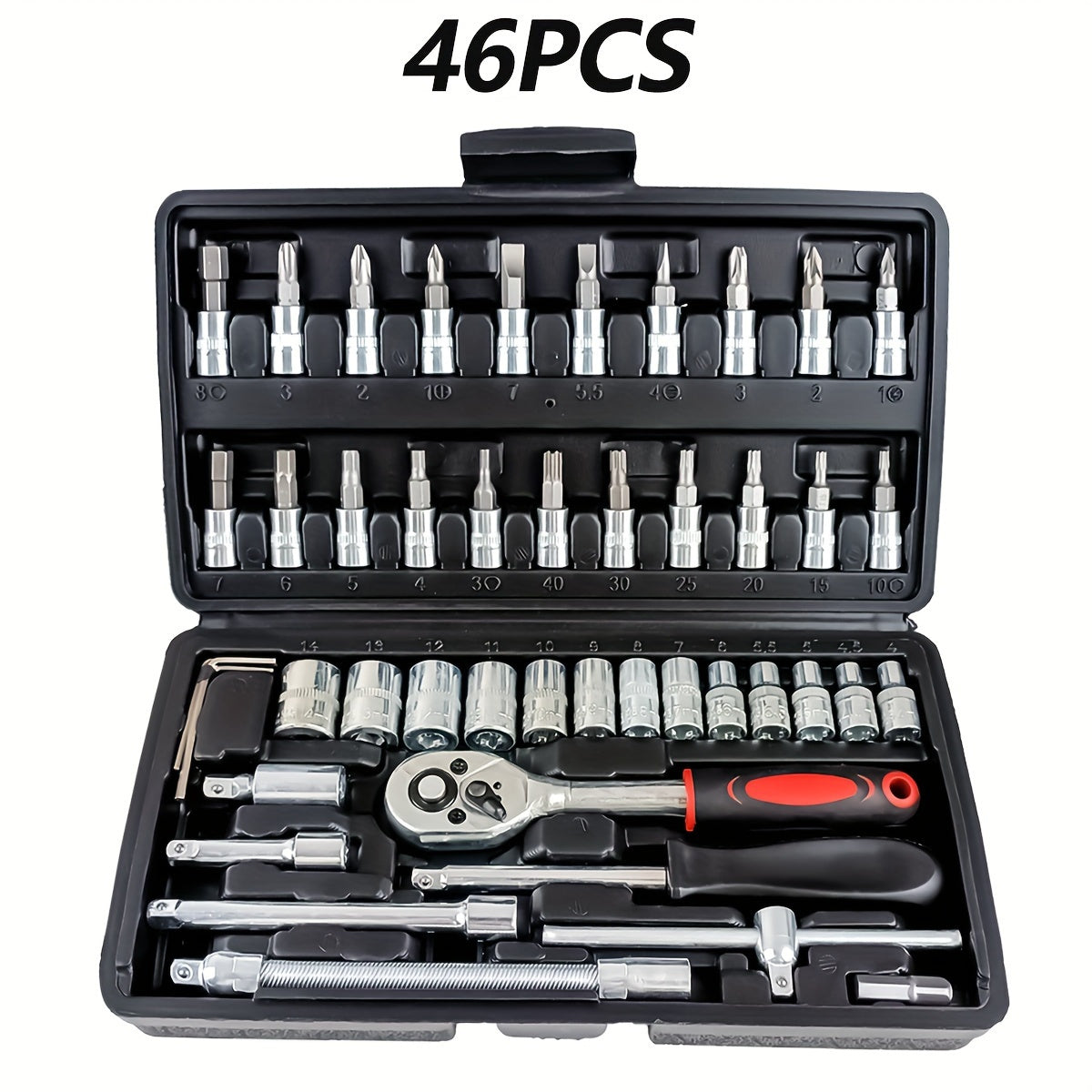 46 Pieces 1/4 Inch Socket Set with Ratchet, Metric, and Extension Bars - Chrome Vanadium Steel, Suitable for Car Repair and Home Use - Includes Storage Case