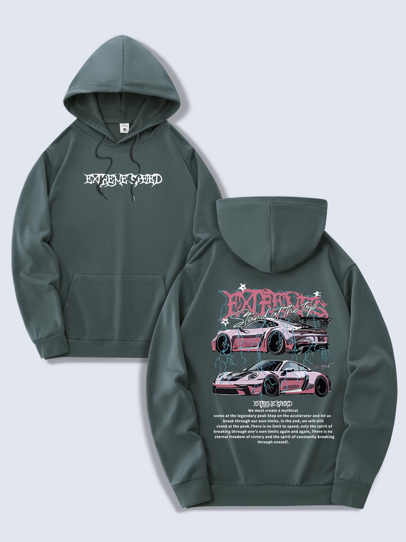 Men's Fashion Hoodie, Spring/Autumn Thin Pullover, Casual Drawstring Hooded Sweatshirt with Kangaroo Pocket, Letter Car Print, Polyester Knit Fabric, Regular Fit, All Seasons, Men's Streetwear