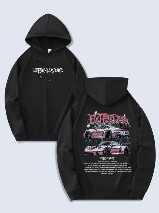 Men's Fashion Hoodie, Spring/Autumn Thin Pullover, Casual Drawstring Hooded Sweatshirt with Kangaroo Pocket, Letter Car Print, Polyester Knit Fabric, Regular Fit, All Seasons, Men's Streetwear