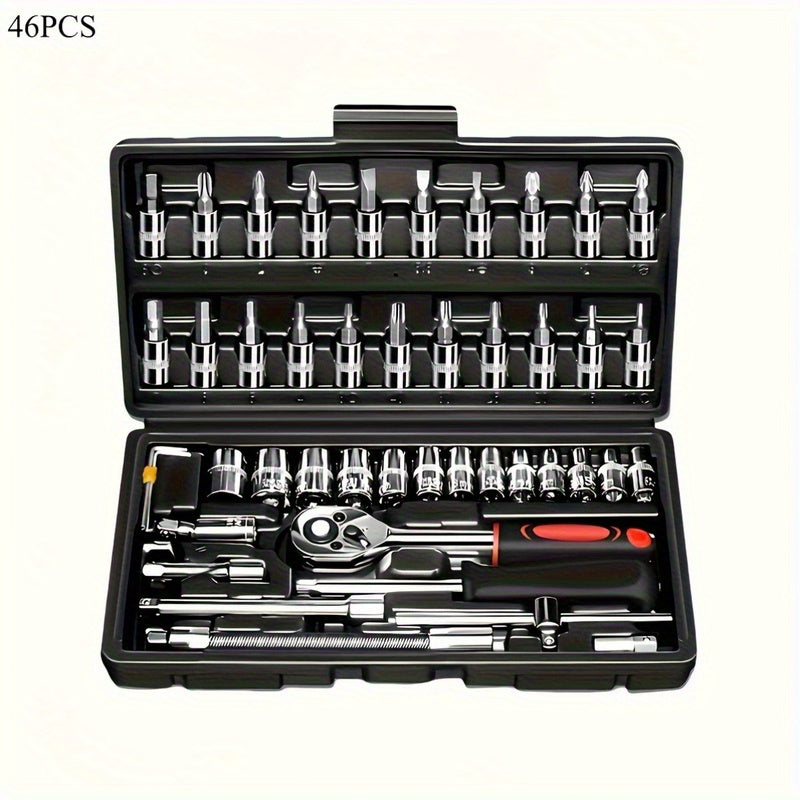 black multi-purpose car repair toolbox, motorcycle repair tool suit with plastic storage box, with Allen wrench, drive depth and standard ratchet socket, unconnecting rod, rotating rod, sliding rod, suitable for DIY enthusias
