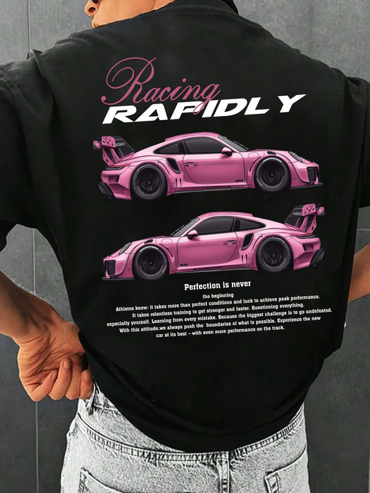 Men's Cool Racing Car Pattern Print Crew Neck Short Sleeve, Trendy Soft Comfy Breathable Clothing For Summer, Outdoor Cloth