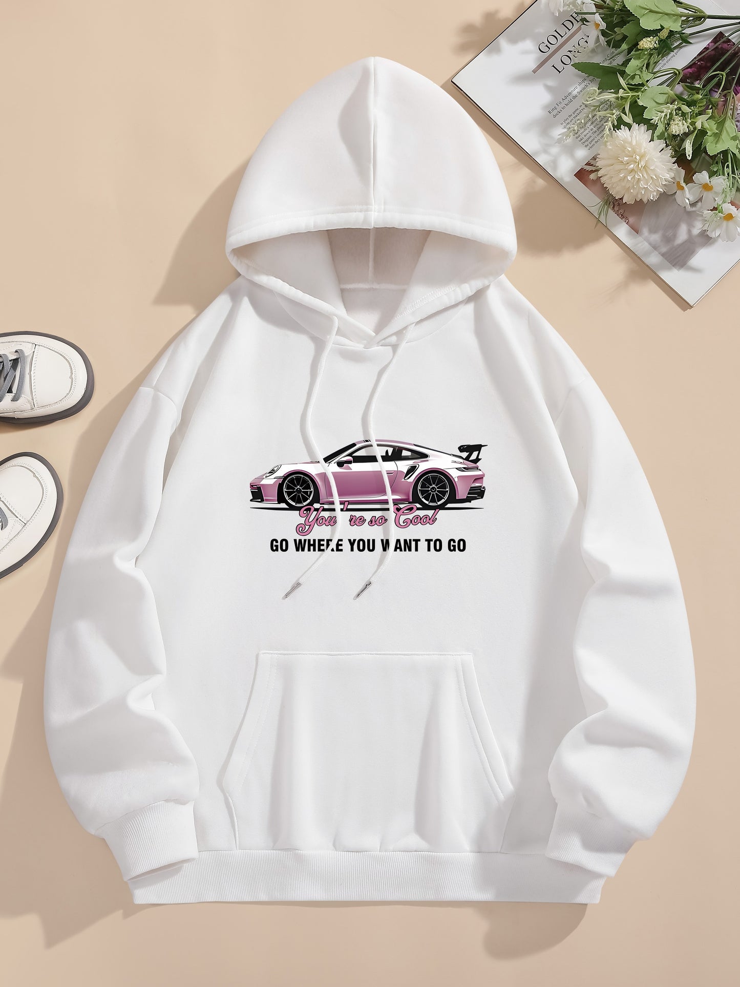 Men's Casual Polyester Hoodie with Car Print, 100% Knit Fabric, Drawstring Hooded Sweatshirt, All-Season Freedom Graphic Pullover