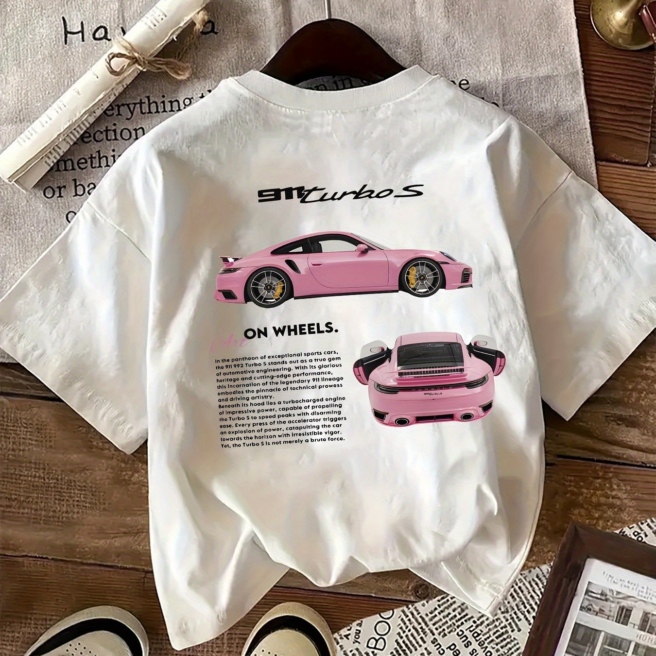Car Print Crew Neck T-Shirt, Casual Short Sleeve T-Shirt For Spring & Summer, Women's Clothing