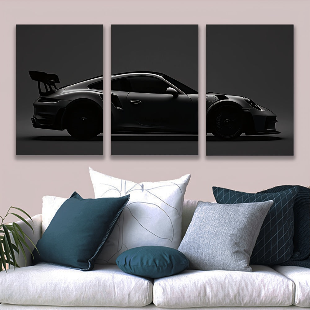 3-delige Frameless Canvas Wanddecoratie – Sportwagen Monochrome
