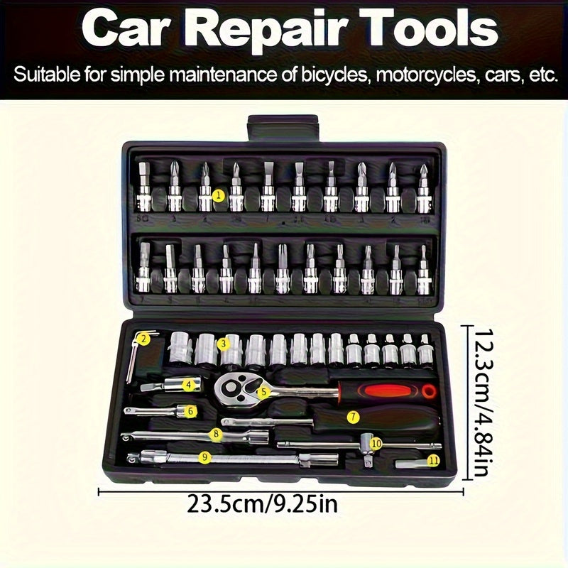 black multi-purpose car repair toolbox, motorcycle repair tool suit with plastic storage box, with Allen wrench, drive depth and standard ratchet socket, unconnecting rod, rotating rod, sliding rod, suitable for DIY enthusias
