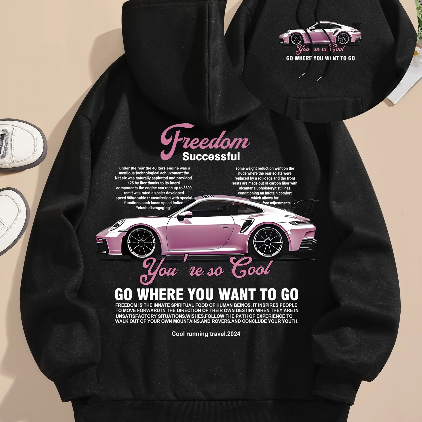 Men's Casual Polyester Hoodie with Car Print, 100% Knit Fabric, Drawstring Hooded Sweatshirt, All-Season Freedom Graphic Pullover