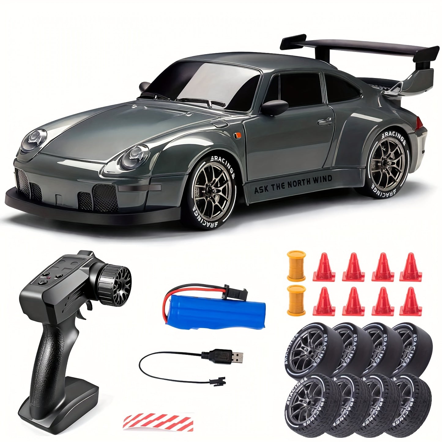 1:24 Scale Drift Car Remote Control Toy, 2.4GHz 4WD with Flashing Lights, Tires & Roadblock Tools, USB Rechargeable Lithium Battery, Push Button Control, Ideal Gift for Boys & Girls - Birthday, Halloween, Christmas