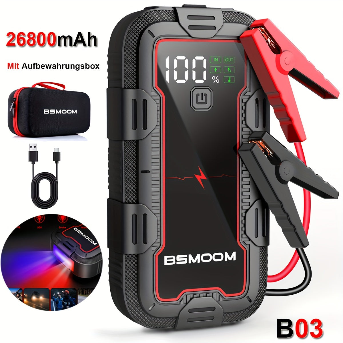 12V Car Jump Starter 6000A Peak Auto Battery Booster Pack Power Bank, Jump Box With LED Light LCD Screen