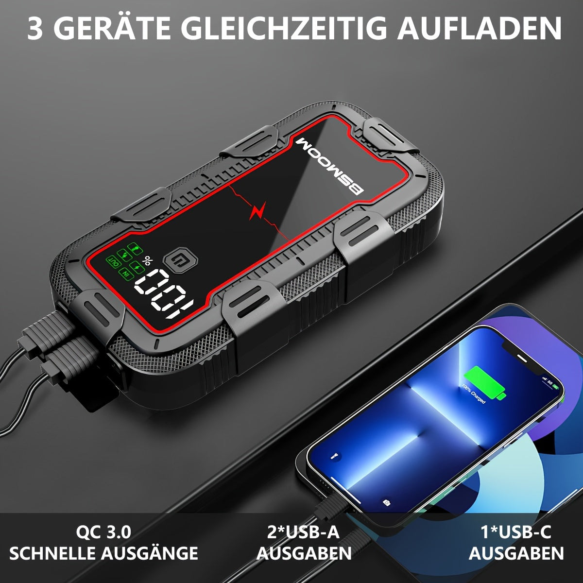 12V Car Jump Starter 6000A Peak Auto Battery Booster Pack Power Bank, Jump Box With LED Light LCD Screen