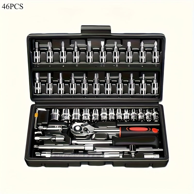 black multi-purpose car repair toolbox, motorcycle repair tool suit with plastic storage box, with Allen wrench, drive depth and standard ratchet socket, unconnecting rod, rotating rod, sliding rod, suitable for DIY enthusias