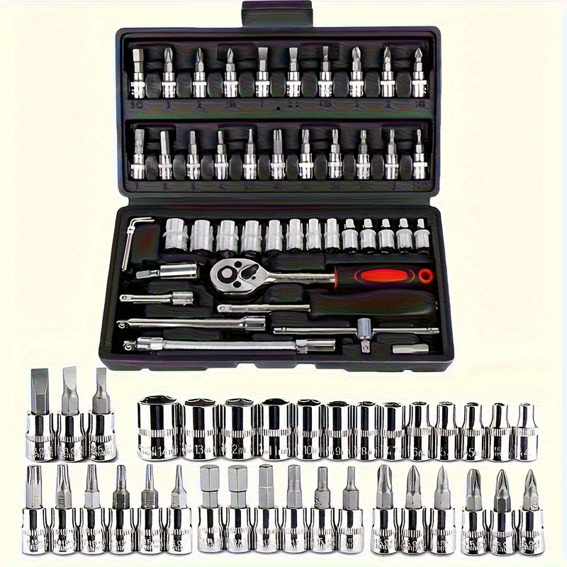 black multi-purpose car repair toolbox, motorcycle repair tool suit with plastic storage box, with Allen wrench, drive depth and standard ratchet socket, unconnecting rod, rotating rod, sliding rod, suitable for DIY enthusias