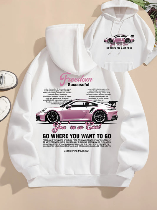 Men's Casual Polyester Hoodie with Car Print, 100% Knit Fabric, Drawstring Hooded Sweatshirt, All-Season Freedom Graphic Pullover