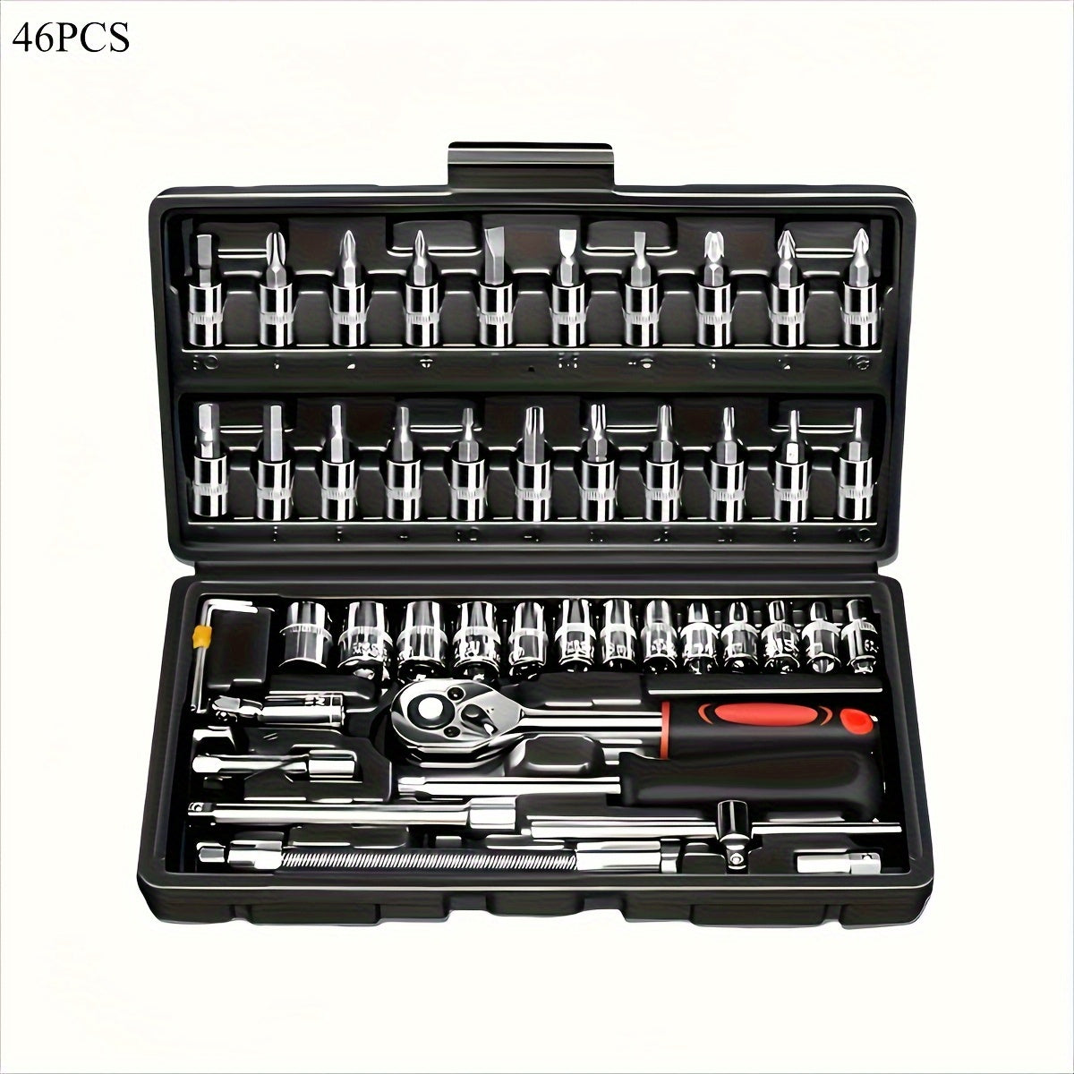black multi-purpose car repair toolbox, motorcycle repair tool suit with plastic storage box, with Allen wrench, drive depth and standard ratchet socket, unconnecting rod, rotating rod, sliding rod, suitable for DIY enthusias