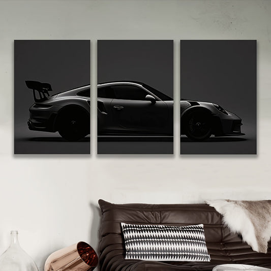 3-delige Frameless Canvas Wanddecoratie – Sportwagen Monochrome