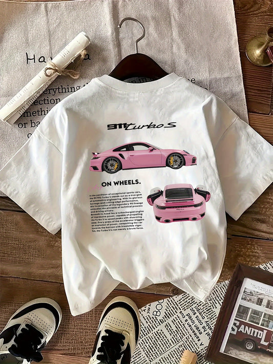 Car Print Crew Neck T-Shirt, Casual Short Sleeve T-Shirt For Spring & Summer, Women's Clothing