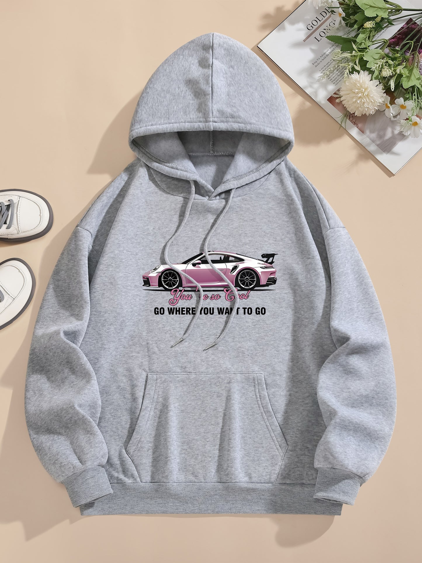 Men's Casual Polyester Hoodie with Car Print, 100% Knit Fabric, Drawstring Hooded Sweatshirt, All-Season Freedom Graphic Pullover