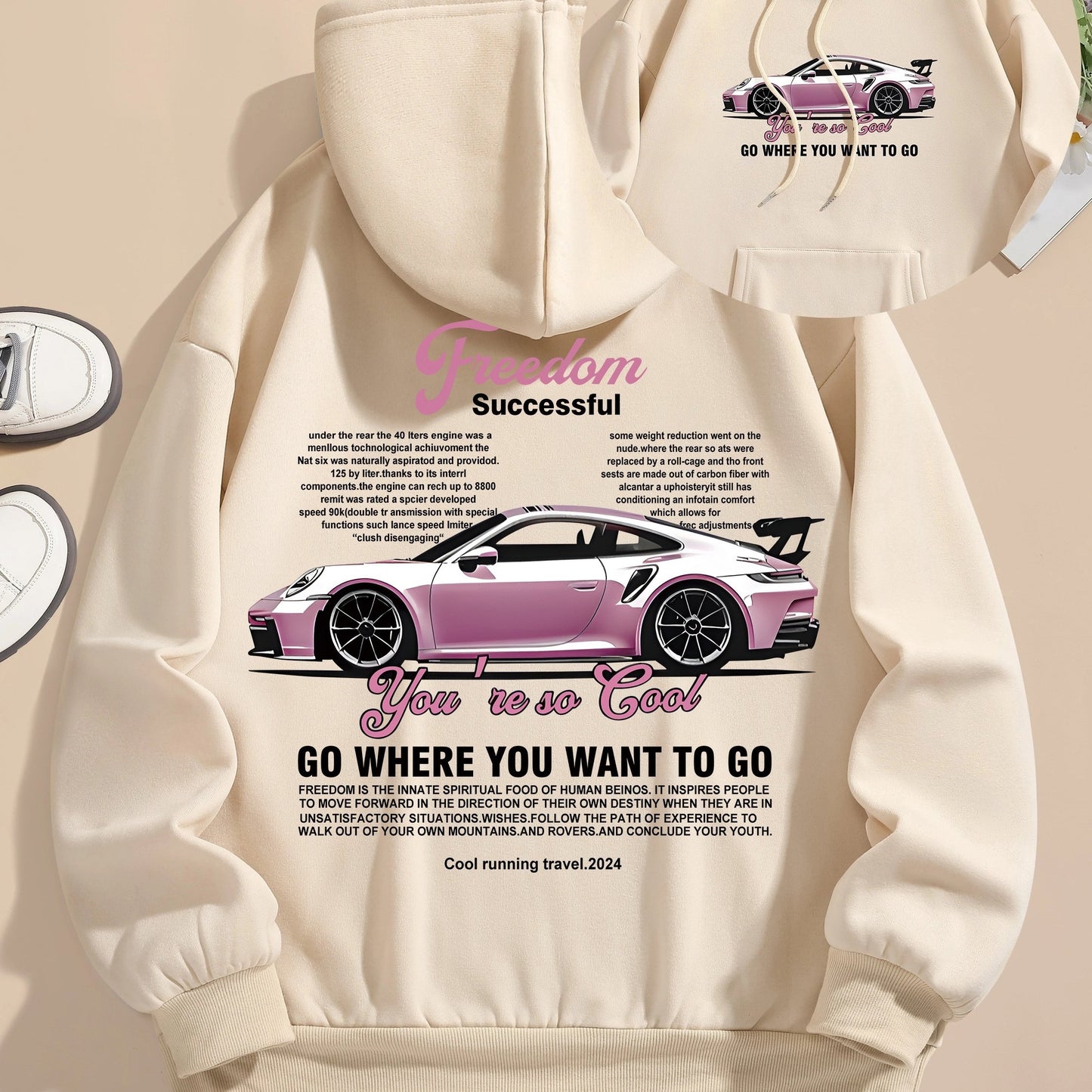 Men's Casual Polyester Hoodie with Car Print, 100% Knit Fabric, Drawstring Hooded Sweatshirt, All-Season Freedom Graphic Pullover