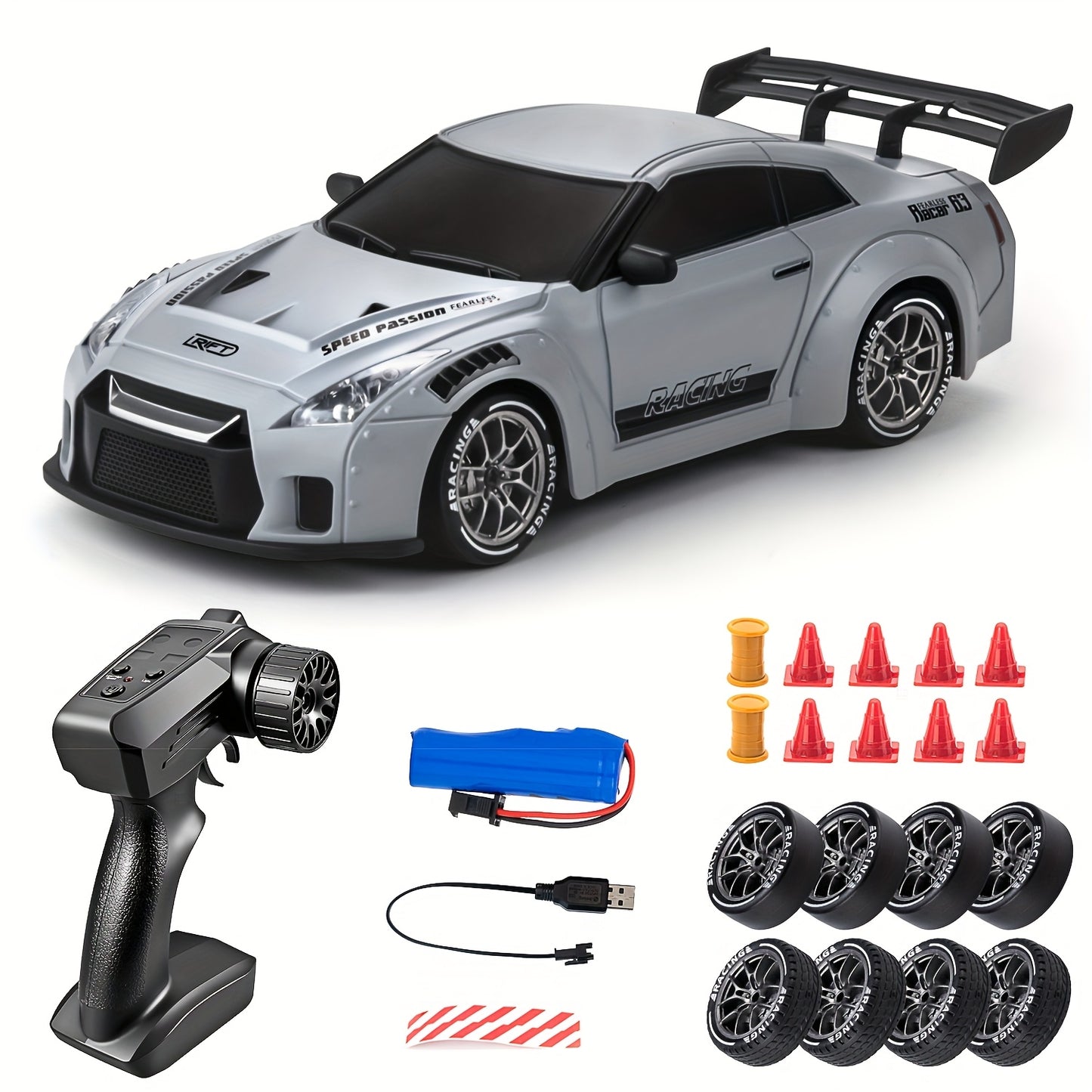 1:24 Scale Drift Car Remote Control Toy, 2.4GHz 4WD with Flashing Lights, Tires & Roadblock Tools, USB Rechargeable Lithium Battery, Push Button Control, Ideal Gift for Boys & Girls - Birthday, Halloween, Christmas