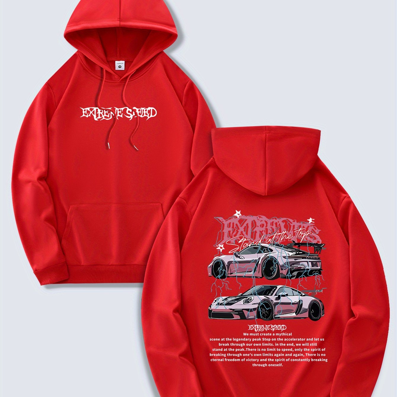 Men's Fashion Hoodie, Spring/Autumn Thin Pullover, Casual Drawstring Hooded Sweatshirt with Kangaroo Pocket, Letter Car Print, Polyester Knit Fabric, Regular Fit, All Seasons, Men's Streetwear