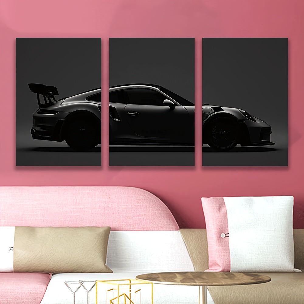 3-delige Frameless Canvas Wanddecoratie – Sportwagen Monochrome
