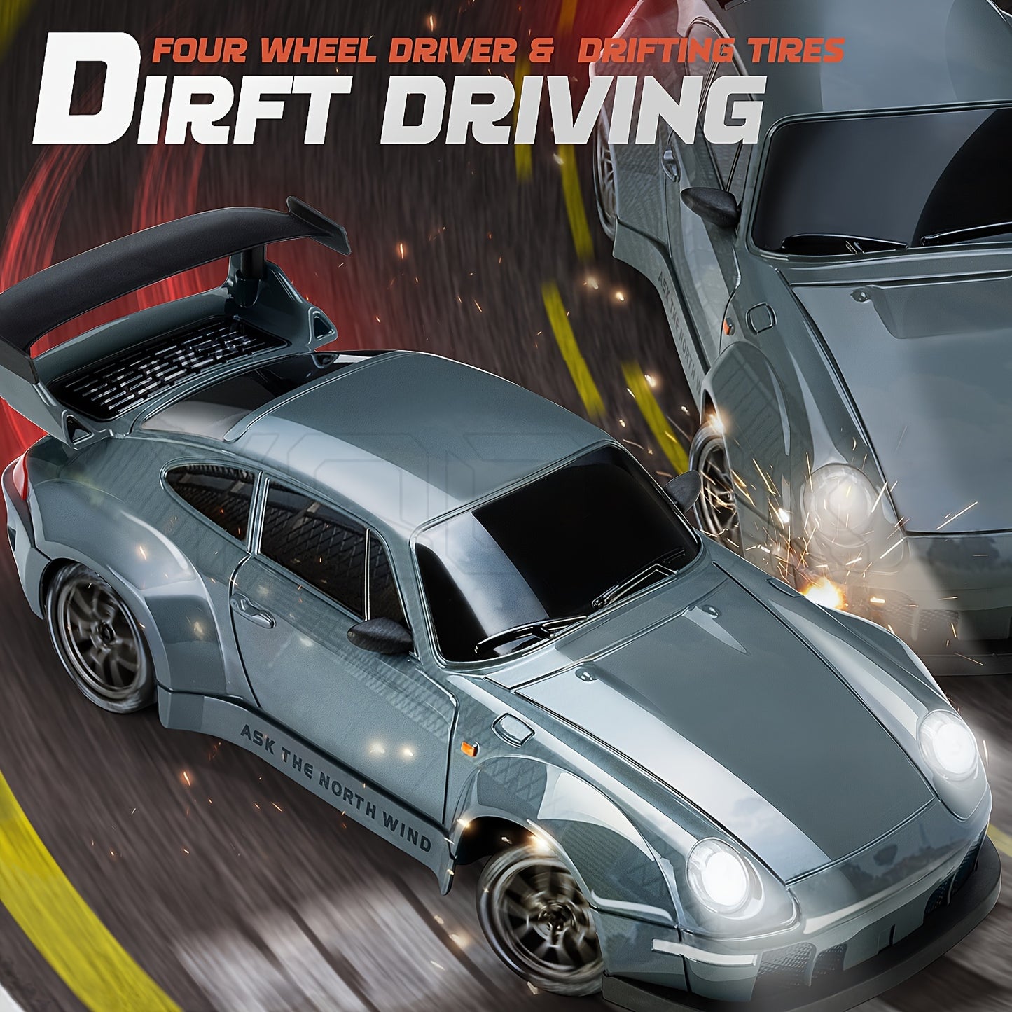 1:24 Scale Drift Car Remote Control Toy, 2.4GHz 4WD with Flashing Lights, Tires & Roadblock Tools, USB Rechargeable Lithium Battery, Push Button Control, Ideal Gift for Boys & Girls - Birthday, Halloween, Christmas